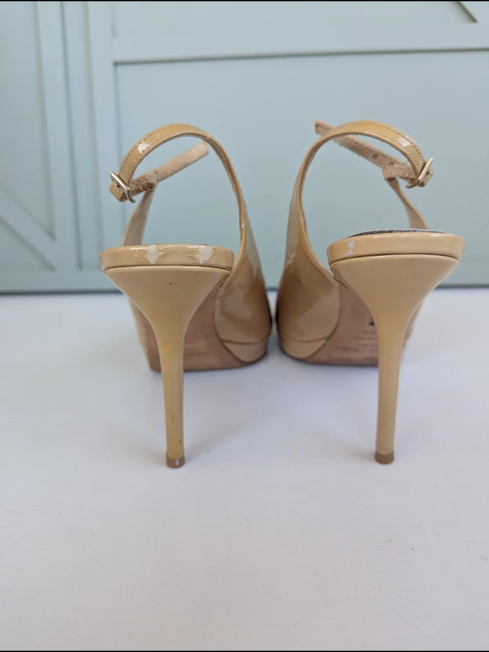 Jimmy Choo Beige Patent Leather Peep-Toe Slingback Wedges